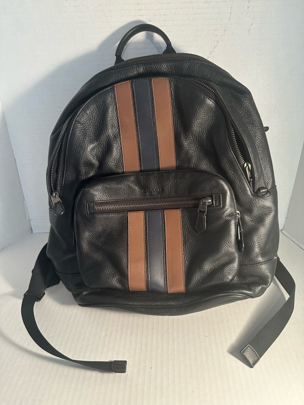 Coach Black Leather Backpack with Brown and Navy Stripe Detailing - Picture 2 of 16
